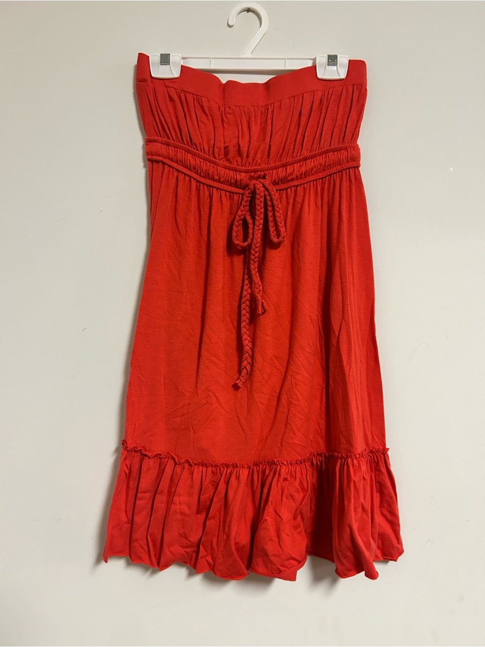 Forever 21 Coral-Red Strapless Smocked Dress with Tie, size small
